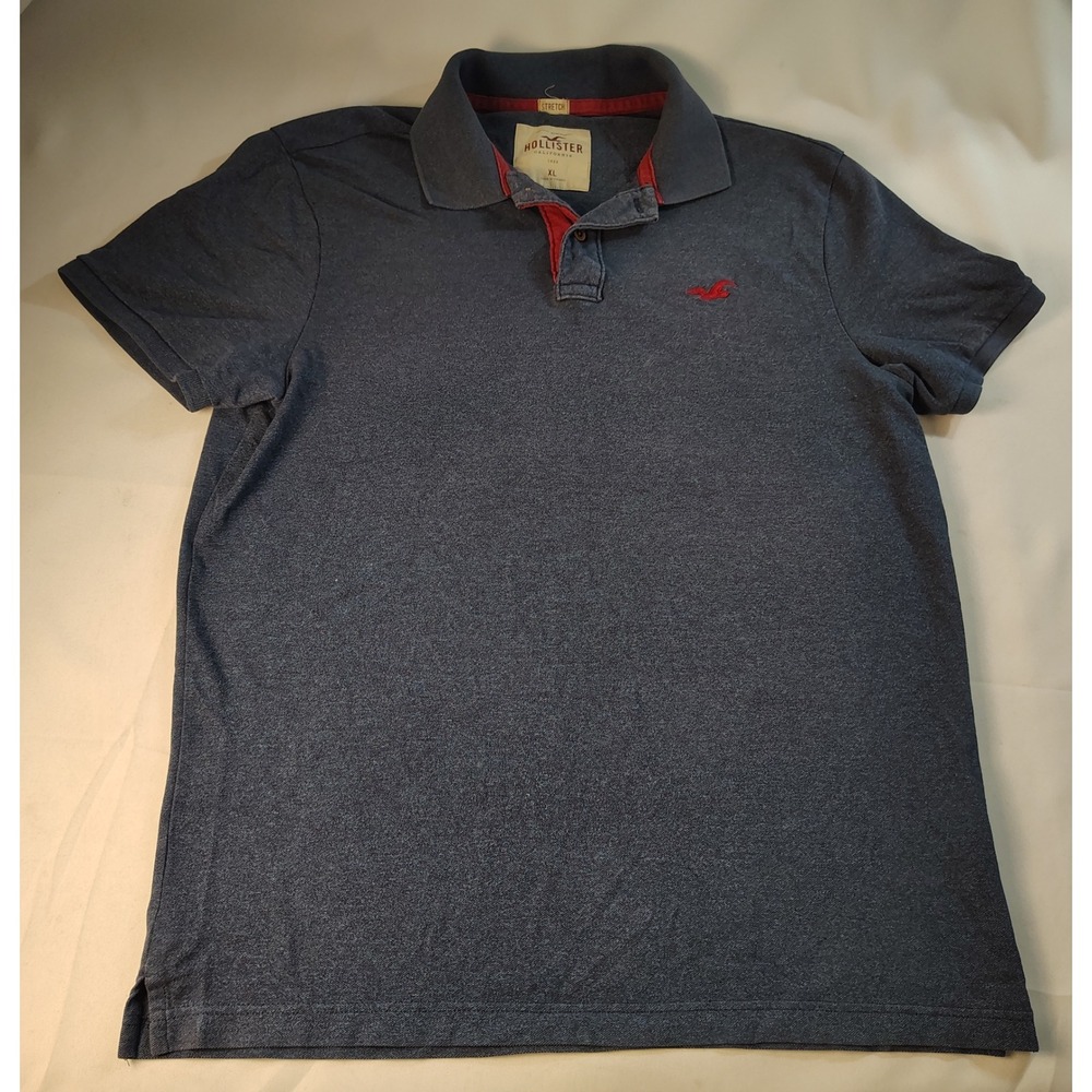 Hollister Mens Stretch Polo Shirt‎ XL Navy Blue Heathered Short Sleeve Logo Y2K